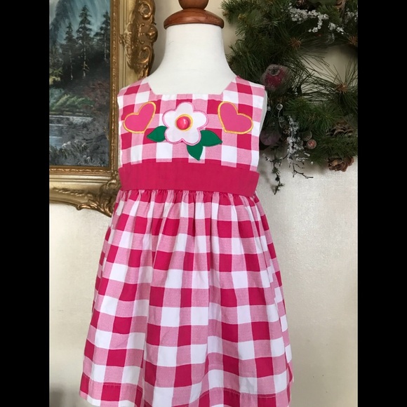 🩷 Pink Sleeveless Pinafore Gingham Flower Dress 2T - Picture 4 of 9